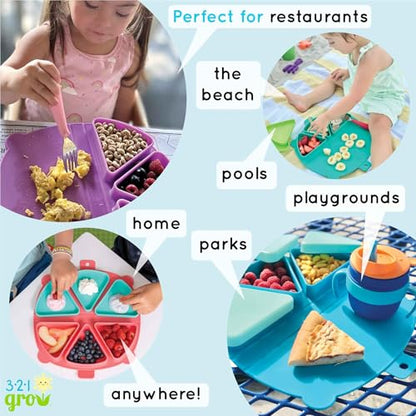 Silicone On-The-Go Snack Mat – Foldable Reusable Placemat with 3 Compartments and Lids – Travel-Friendly Baby and Toddler Snack Plate – Dishwasher Safe (Pebble) - color: Pebble