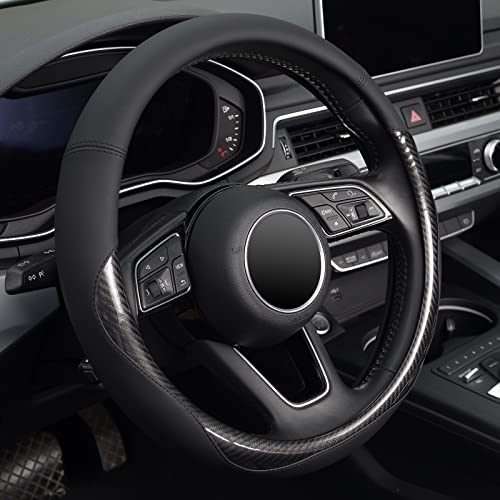 KAFEEK Carbon Fiber Steering Wheel Cover, Universal 15 inch Black,Anti-Slip, Odorless - color: Black-3, size: Standard Size[14.5"-15"]