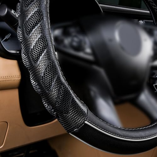 Flying Banner car Steering Wheel Cover Faux Leather Massage Universal fit 3D Honeycomb Hole Anti-Slip Sporty 15 Inches (Grey Black) - color: Grey black