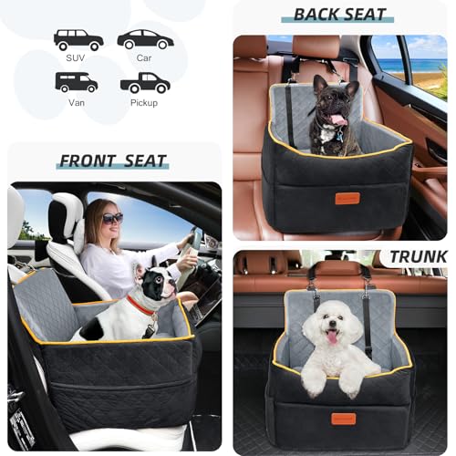 HEGGCOOE Small Dog Car Seat, Memory Foam Dog Booster Seats with Thick Cushion for Medium Dogs Under 35lbs, Detachable Washable Pet Car Seat Bed with Storage Pockets,2 Safety Belts - color: Black/gray