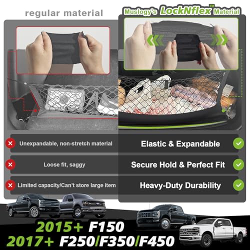 Muslogy Truck Bed Cargo Net Trunk Netting Compatible with 2015+ Ford F150 & 2017+ F250/F350/F450 (Snap-in Tie Down) Accessories, Pickup Cargo Organizer SUV Sedan Storage Net w/Heavy Duty Carabiners - style: 2015+ F150 & 2017+ F2/3/450(Snap-In Tie Down)