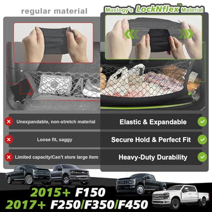 Muslogy Truck Bed Cargo Net Trunk Netting Compatible with 2015+ Ford F150 & 2017+ F250/F350/F450 (Snap-in Tie Down) Accessories, Pickup Cargo Organizer SUV Sedan Storage Net w/Heavy Duty Carabiners - style: 2015+ F150 & 2017+ F2/3/450(Snap-In Tie Down)