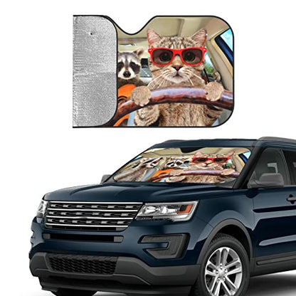 Cat with Raccoon Car Windshield Sunshade Foldable Sun Visor Front Window Sun Shade Cover for Car Truck SUV 55x29.9 Inches - color: Cat
