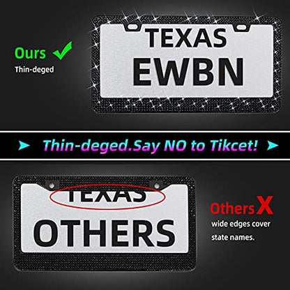 Bling Rhinestone License Plate Frame for Women 2PC, Sparkly Stainless Steel Frames & Over 1200 pcs Finest 14 Facets Black Glass Crystals Premium Diamond+GiftBox(Black) - color: Black-2PK