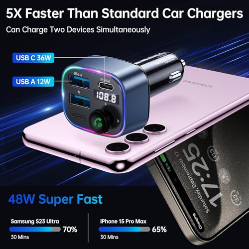 Syncwire Bluetooth 5.3 FM Transmitter Car Adapter 48W(PD 36W & 12W) [Light Switch] [Hi-Fi Deep Bass] [Fast Charging] Wireless Radio Music Adapter LED Display Hands-Free Calling Support USB Drive - color: Dark Blue, style: 48W
