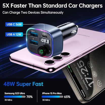 Syncwire Bluetooth 5.3 FM Transmitter Car Adapter 48W(PD 36W & 12W) [Light Switch] [Hi-Fi Deep Bass] [Fast Charging] Wireless Radio Music Adapter LED Display Hands-Free Calling Support USB Drive - color: Dark Blue, style: 48W