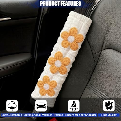 JDDRY 2PC Car Seat Belt Covers Pads,Seat Strap Pads,Auto Seat Belt Pad,Fit for Most Vehicles,Car Interior Accessories(Three Flower,Yellow) - color: Three Flower-Yellow