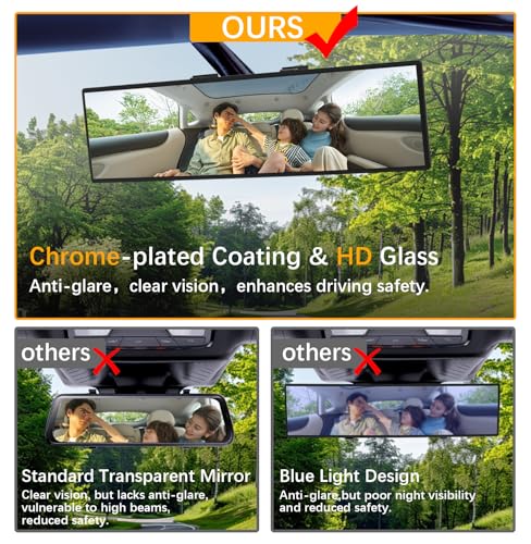 Rear View Mirror, Chrome Anti-glare Panoramic Rear Mirrors Universal 12 Inch Convex Car Interior Clip on Extra Big Wide Angle Rearview Mirror Extender to Reduce Blind Spot for Car SUV Trucks - size: 12 Inch