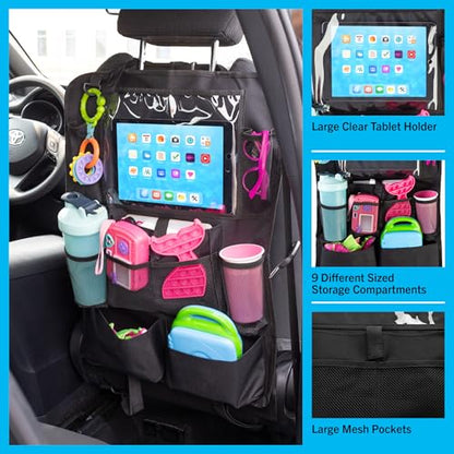 Stalwart Car Seat Organizer 2-Pack - Car Organization Attachments for Backseat with 9 Pockets and Tablet Holder - Road Trip Essentials (Black)
