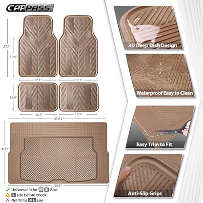 CAR PASS Universal Car Floor Mats & Cargo Liner Full Set, Waterproof Anti-Slip Rubber Trim to Fit Trunk Mats All Weather Protection Fit Car SUV Sedan Coupe Vehicle Automotive 5 Pieces, S-M Size Beige - color: Beige
