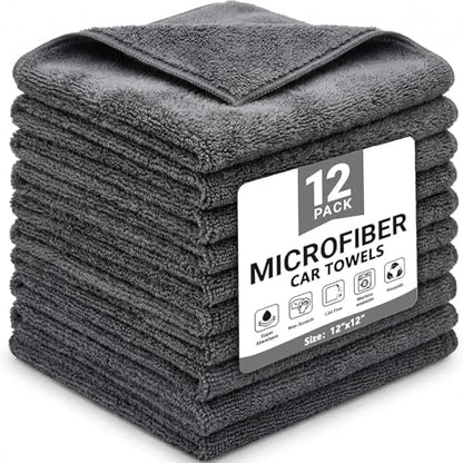 Puomue 12 Pack Microfiber Cleaning Cloth for Cars, 12" X 12" Car Microfiber Towels, Soft, Absorbent and Lint Free Cleaning Cloth, Premium Wash Cloth for Car,Window and Household, Dark Grey