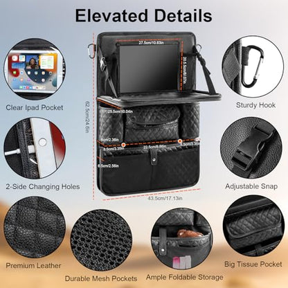 Car Seat Organizer with Foldable Table Tray - 11 Storage Pockets PU Leather Backseat Organizer with Tablet Holder, Seat Back Protector Kick Mat for Kids Family Road Trip Accessories (Black) - size: 1 Pack