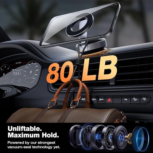 2026 Upgraded Aluminum Magnetic Car Phone Mount for MagSafe [80LBS Vacuum Suction, 3200gf Strong Magnet] 360° Adjustable Car Phone Holder for iPhone 17 16 15 14 13 Pro Max