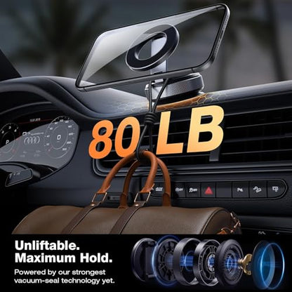2026 Upgraded Aluminum Magnetic Car Phone Mount for MagSafe [80LBS Vacuum Suction, 3200gf Strong Magnet] 360° Adjustable Car Phone Holder for iPhone 17 16 15 14 13 Pro Max