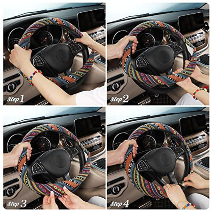 SEG Direct Boho Steering Wheel Cover with Baja Blanket Cloth, Ethnic Style Auto Wheel Cover Made of Coarse Flax, Fits 14 1/2-15 1/4 inches Car Wheel - color: Bohemian Dreams