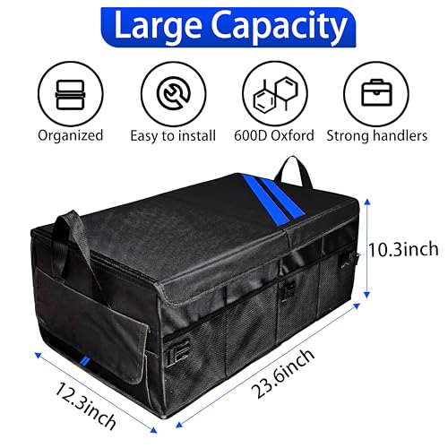 YOSRTER Car Trunk Organizer for Dodge Charger Durango Challenger Ram Collapsible Storage Box with Handle Foldable Lid Non Slip Bottom 2 Compartment Sturdy Base Panel Blue Trim - color: Blue Trim