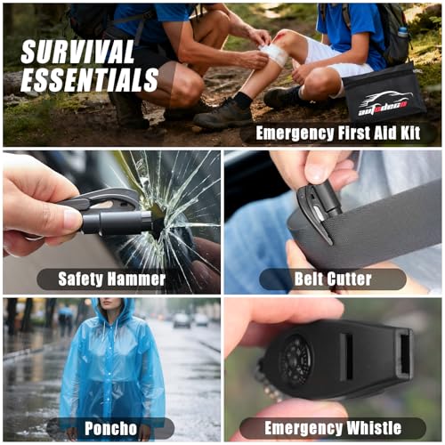 AUTODECO Roadside Emergency Car Kit Winter Road Trip Assistance Vehicle Safety Kit with Air Comperss, Detachable Snow Shovel, Jumper Cables, Tow Strap