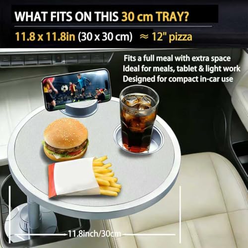 Car Food Tray & Car Table Tray with Car-Grade Aluminum Cup Holder & Phone Stand, Premium Wood with Leather Surface, 360° Rotating Car Desk for Laptop &Eating (Round, White) - color: 𝗥𝗼𝘂𝗻𝗱 · White