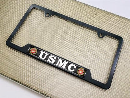 [Officially Licensed Product] - Stainless Steel Matte Black CAR 2-Hole Standard Size - Domed Custom-Made Corrosion-Resistant License Plate Frame with USMC Semper Fidelis Design & Free caps - (Qty: 1) - size: USMC