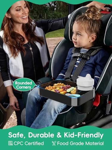 Car Seat Cup Holder Snack Tray for Kids, Reduces Mess, Detachable Large Base & Adjustable Ring, Carseat Tray for Toddler, Car Seat Food Tray Eating Table for Kids Travel Road Trip Essentials