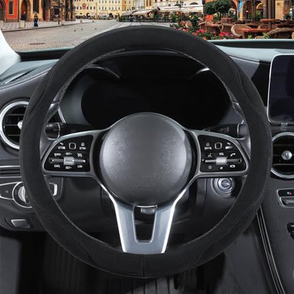 Black Suede Steering Wheel Cover, Breathable Non-Slip Sweat-Proof Wear-Resistant No Pilling, Warm in Winter and Cool in Summer, Universal 15 inch - color: Black, size: Round-M[14.5''-15'']