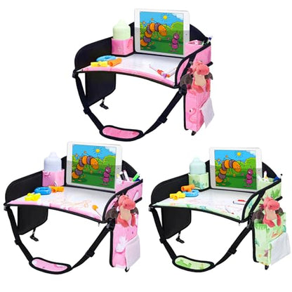 3PCS Kids Travel Tray for Airplane - Toddler Car Seat Table Tray, Road Trip Essentials for Boys & Girls, Carseat Lap Desk for Kids Road Trip Activities - color: 2Pink/Green-3PCS