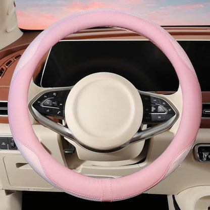 ZHOL Light Pink Steering Wheel Cover, Breathable Microfiber Leather Anti-Slip Cute Car Steering Wheel Cover for Women, Warm in Winter and Cool in Summer, 15 Inch - color: Round-Pink