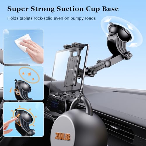 OHLPRO Tablet Holder for Car Dashboard [Suction Cup Mount] Windshield Wall Desk, Adjustable Stand for 5-13" iPad mini Air Pro Galaxy Tab S9 Phone - Heavy Duty Truck Accessories - size: 9" ABS Arm