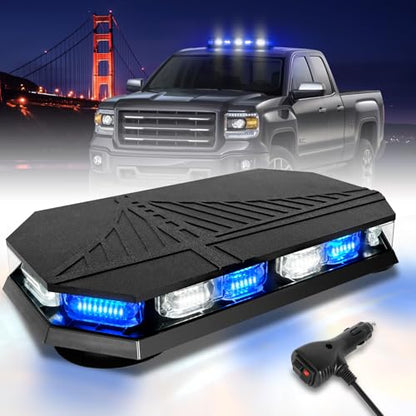 HLauto 406D Rooftop Emergency Strobe Lights Bar, 102 LED Blue White Mini Beacon Safety Flashing Warning Traffic Lights Bar w/Magnetic Base for 12-24V Trucks, Construction Vehicles, Snowplow, Cars - color: Blue/White