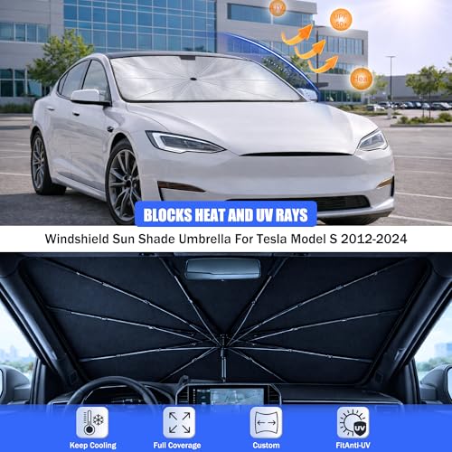 2026 Upgraded Car Windshield Sun Shade Umbrella - Custom-Fit for Tesla Model S 2012-2024 2012-2024 Umbrella Sunshade,Easy Install,UV Protection & Heat Reflective,Keep Interior Cooler - size: For Tesla Model S 2012-2024