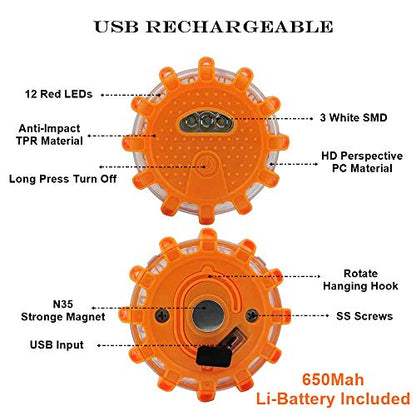Ecoangel USB Rechargeable LED Road Flares Emergency Lights-Roadside Warning Car Safety Beacon Flashing Disc Flare Kit with Magnetic Base for Vehicles & Boat | 3 Beacon Disc Pack - color: 3