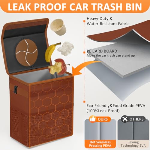 Vankor Car Trash Can, Brown, 2.2 Gallons Capacity, Waterproof, Polyester Material, Adjustable Strap, Hanging Design, Leakproof Lining, 100% PEVA Thickness - color: Brown, size: 2.2 Gallons