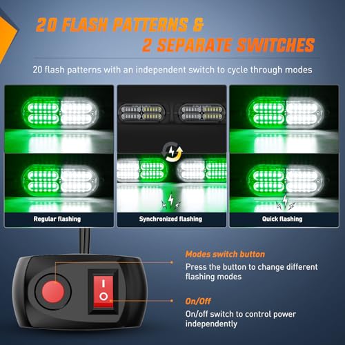 Nilight 4PCS LED Strobe lights 12V 24V Sync Feature Green White 24LED Emergency Hazard Warning Lights with Controller Hard Wire or Cigarette Lighter Plug for Car Truck RVs Campers - color: Green White w/Controller