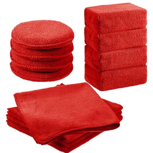 12 Pack Microfiber Applicator Pad Microfiber Sponge for Car Include Round Wax Microfiber Applicator Rectangle Car Drying Towel Exterior Auto Detailing Kit for Cleaning (Red) - color: Red