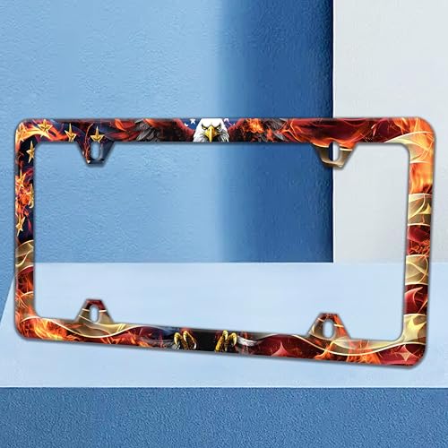 American Flag Eagle License Plate Frame Flame USA Flag License Plate Holders Funny Auto Accessory Bracket Stainless Steel License Plate Frames with Screws for Women Men 6x12 Inch 4 Holes - color: American Flag Eagle