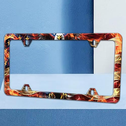 American Flag Eagle License Plate Frame Flame USA Flag License Plate Holders Funny Auto Accessory Bracket Stainless Steel License Plate Frames with Screws for Women Men 6x12 Inch 4 Holes - color: American Flag Eagle