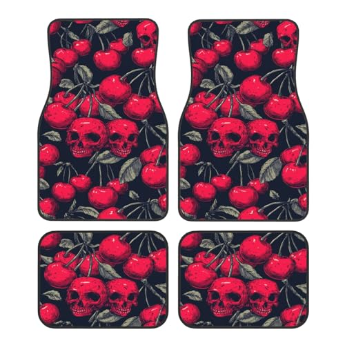 Red Cherries with Skull Faces On Black Car Floor Mats,4 Piece, Car Rug Durable Anti-Slip Waterproof Trim to Fit Liner Universal Fit Auto,Sedan,SUV,Truck