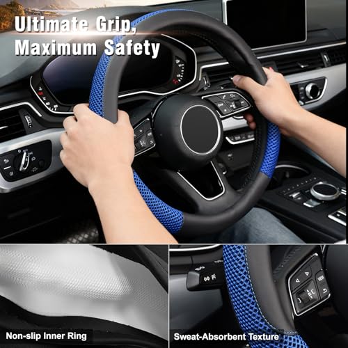 KAFEEK Steering Wheel Cover, Universal 15 inch, Microfiber Leather Viscose, Breathable, Anti-Slip,Warm in Winter and Cool in Summer, Black&Blue - color: blue, size: Standard Size[14.5"-15"]