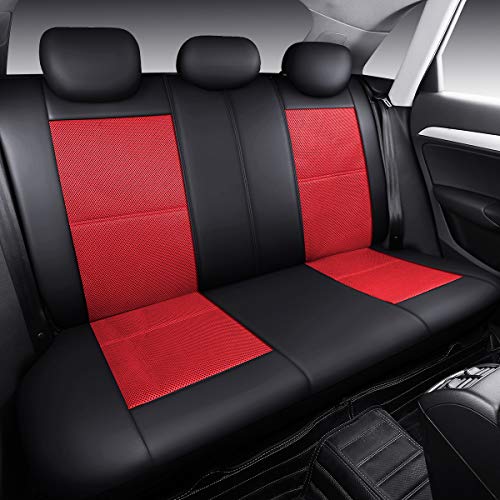 P&J AUTO Leather and Mesh Car Seat Cover Full Set in 9pcs Universal Fit for Cars Trucks Vans & SUVs Airbag Compatible (Red) - color: Red