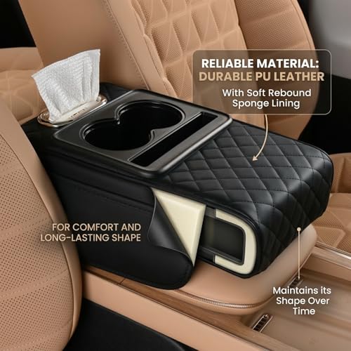 Multifunctional PU Leather Car Armrest Box Mat, 5-in-1 Center Console Cushion Cover with Storage Box, Cup & Phone Slot & Tissue Holder, Universal Waterproof Interior Organizer (Yellow) - color: Yellow