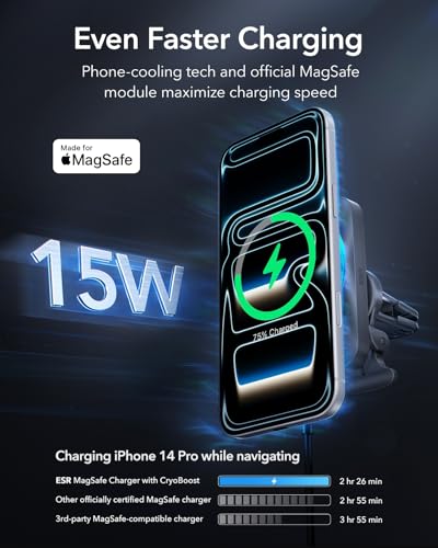 ESR for 15W MagSafe Car Mount Charger with CryoBoost, Made for Apple-Certified, for MagSafe Car Charger,Magnetic Wireless Phone Charging for iPhone 16/15/14/13/12, S25, Fast Charging, Phone-Cooling