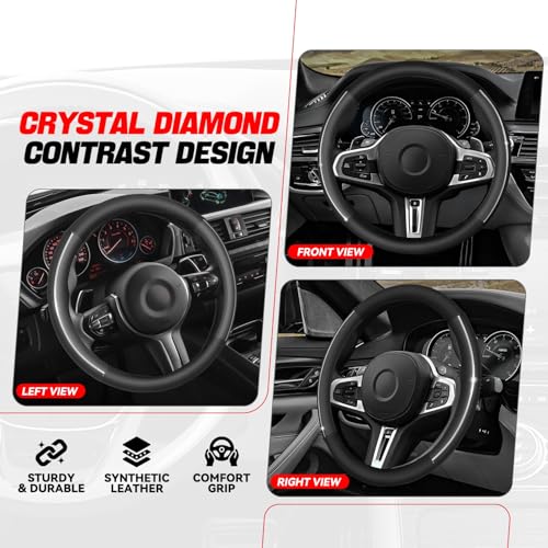 Auto Dynasty Steering Wheel Cover, Breathable Microfiber Leather Car Steering Wheel Protector with Silver Strip, Anti-Slip Inner Rubber Lining, [14 1/2 to 15 Inches] Universal Fit Cars Trucks SUVs - color: Silver Strip
