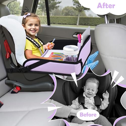 Kids Travel Tray for Toddler Carseat, Road Trip Activities Essentials for Toddler, Kids Lap Desk Tray with Tablet Holder Stand ＆ Dry Erase Board (Purple) - color: Purple