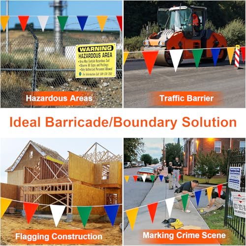 Multicolor Pennant Safety Flags, Perimeter Warning Flag Banner Line, For Flagging Construction/Traffic Barrier/Parking Lot/Rooftop/Backstroke/Party & Special Events 7" X 10" Pennants on 100' Rope - color: 100FT
