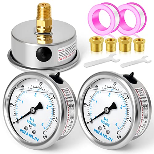 MEANLIN MEASURE 0~60Psi Stainless Steel 1/4" NPT 2.5" FACE DIAL,Liquid Filled Pressure Gauge,Pool Sand Filter Pressure Test Back Mount(Pack of 2) with 1/2" NPT and 3/8" NPT Hex Bushing - size: 0-60Psi (2Pcs)