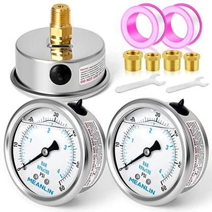 MEANLIN MEASURE 0~60Psi Stainless Steel 1/4" NPT 2.5" FACE DIAL,Liquid Filled Pressure Gauge,Pool Sand Filter Pressure Test Back Mount(Pack of 2) with 1/2" NPT and 3/8" NPT Hex Bushing - size: 0-60Psi (2Pcs)