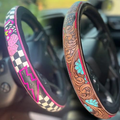 Western Cowboy Steering Wheel Cover Leather, Retro Car Tooled Leather Steering Wheel Cover, Embossed Hand-Painted Universal Anti-Slip - color: P Color