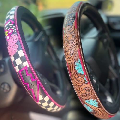 Western Cowboy Steering Wheel Cover Leather, Retro Car Tooled Leather Steering Wheel Cover, Embossed Hand-Painted Universal Anti-Slip - color: P Color