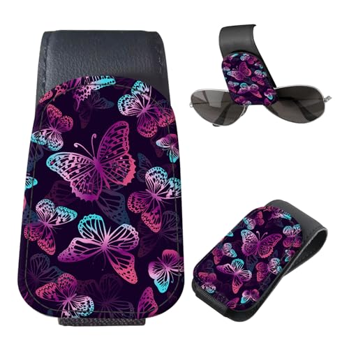 Sunglasses Holder for Car Visor, PU Leather Glasses Clip Organizer, Cute Magnetic Eyeglass Holder for Vehicle Sun Visor, Car Interior Accessory for Women & Men Neon Purple Butterflies - color: Neon Purple Butterflies