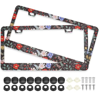 Floral Flowers Strawberries License Plate Frames, 2 Pack Floral Strawberry Car Plate Frame, Stainless Steel License Plate Holders Covers with Free Screws Fasteners Caps (Flowers Strawberries) - color: Flowers Strawberries